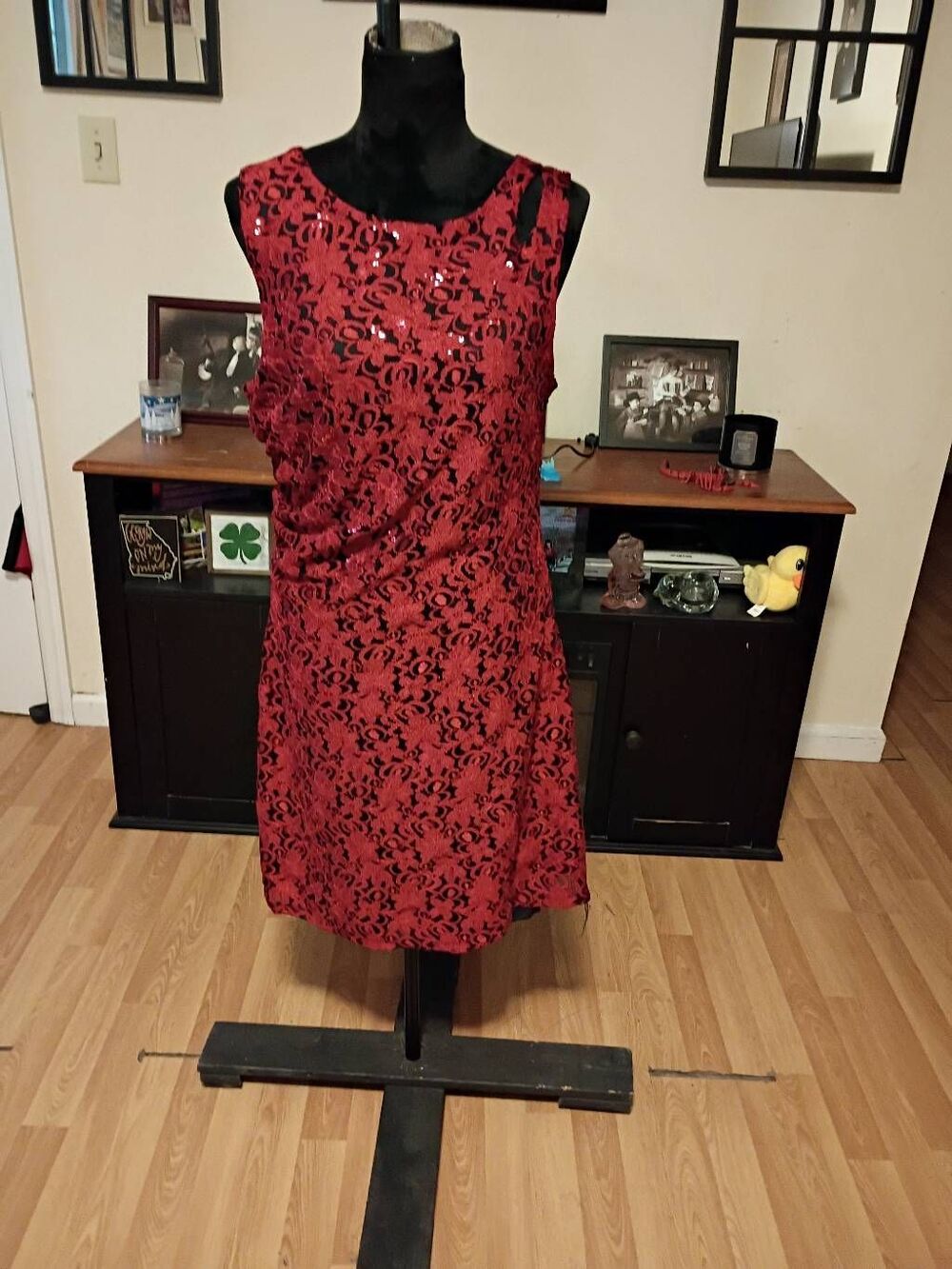 14 Scarlett Sleeveless Red Lace Overlay Black Sequin Special Occasion Dress